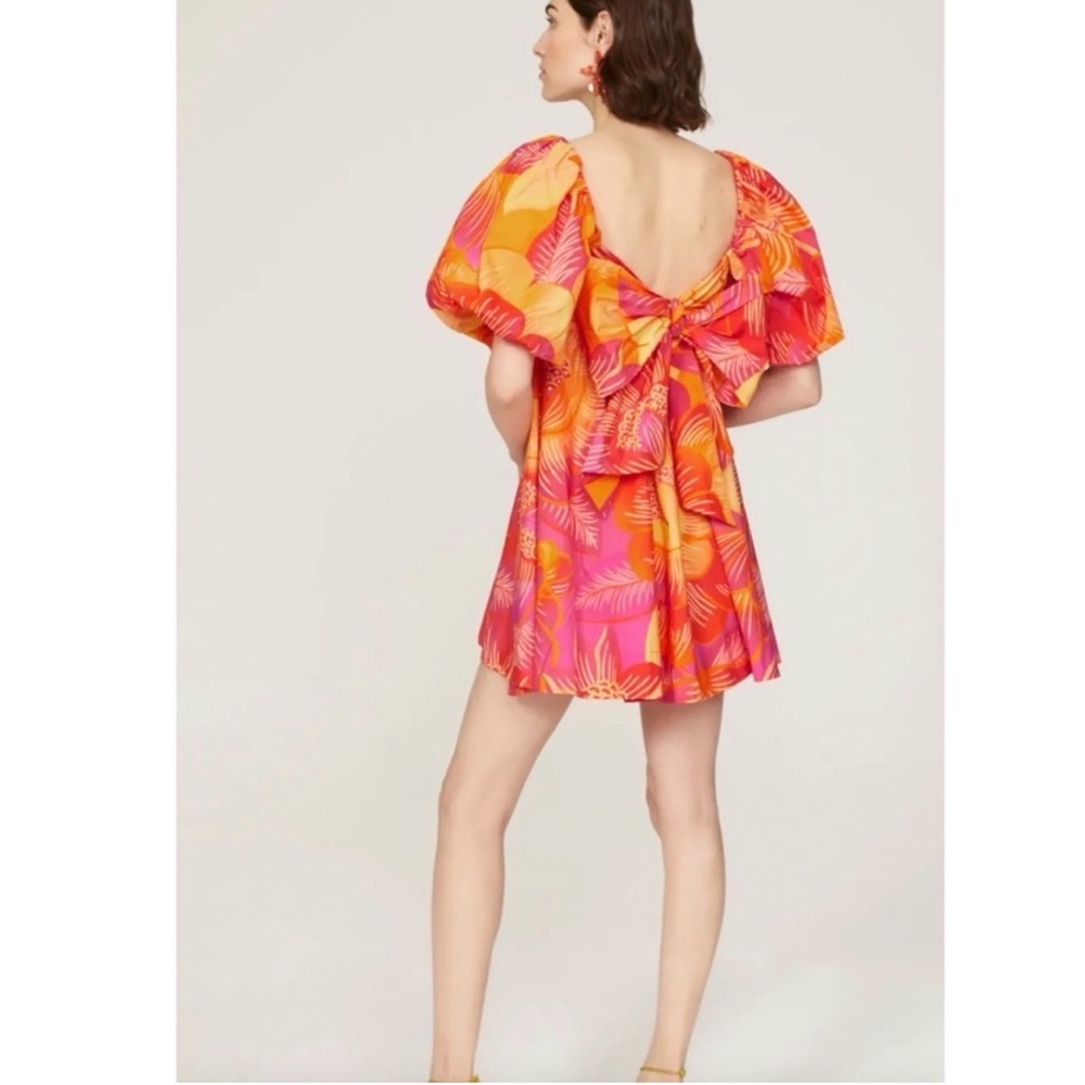 Farm Rio Ombré  Mini Dress Garden Puff Sleeve Orange Yellow Tie Back Bohemian L - Picture 14 of 14